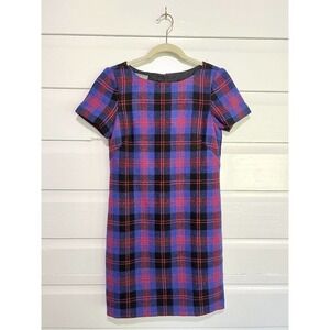 LL bean Womens signature plaid Red Blue tartan wool sheath dress Size 2 Holiday